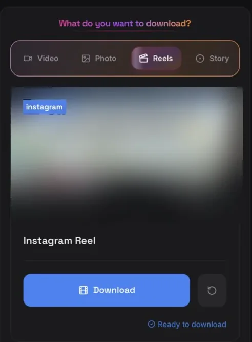 ClipSave on a phone: an Instagram Reel fetched and ready to download, with the Download button