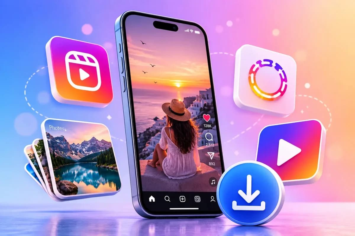 Instagram Reels, Stories, and photos on a phone with a download button - best free Instagram downloader 2026