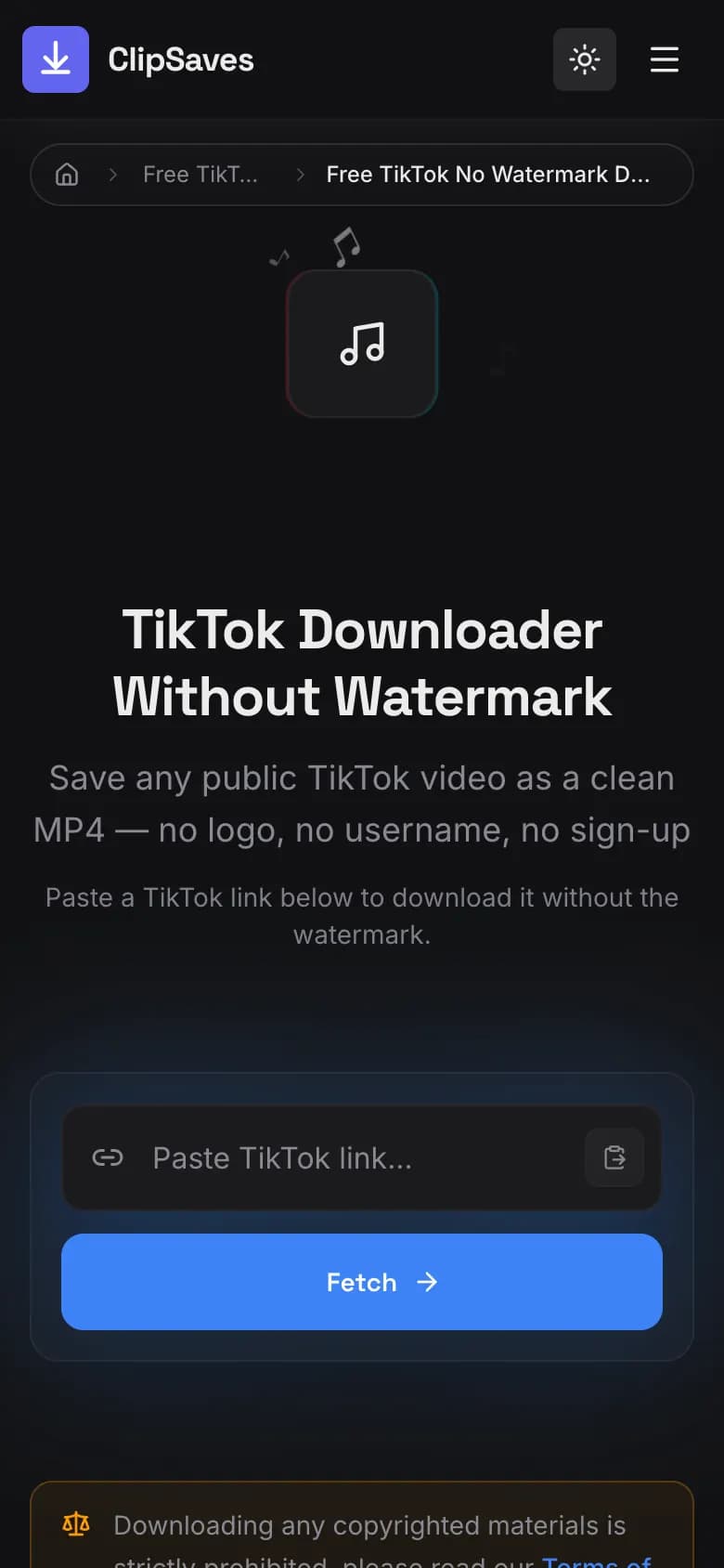 The ClipSaves TikTok Downloader Without Watermark on an iPhone, with the link box and Fetch button