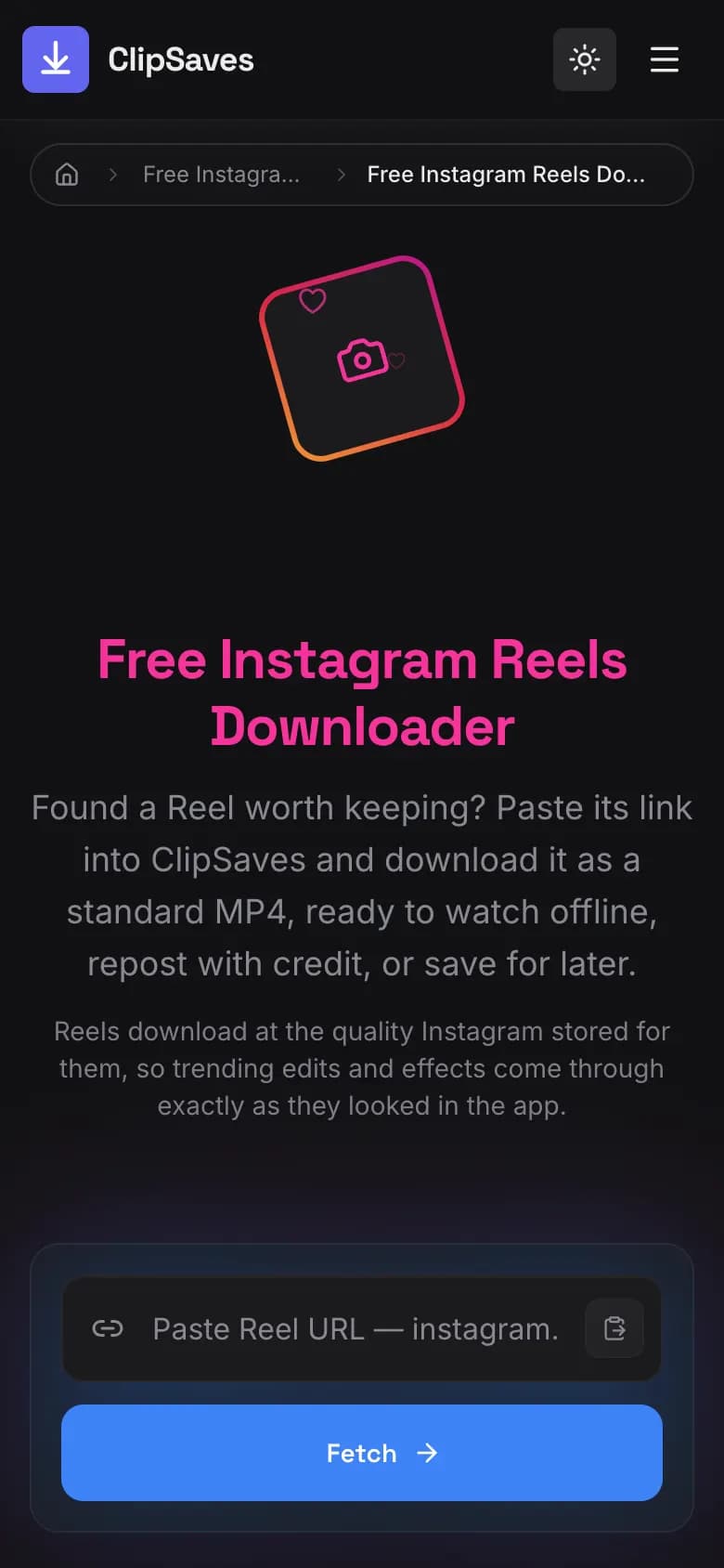 The ClipSaves Instagram Reels Downloader on an iPhone, with the link box and Fetch button